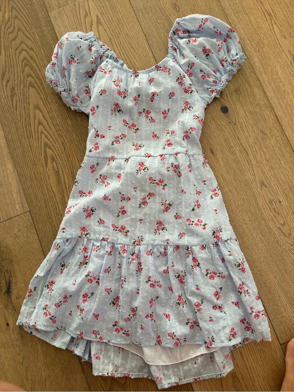 Flowers by Zoe Light Blue Dress with Pink Floral Print puff sleeve tie back nwt
